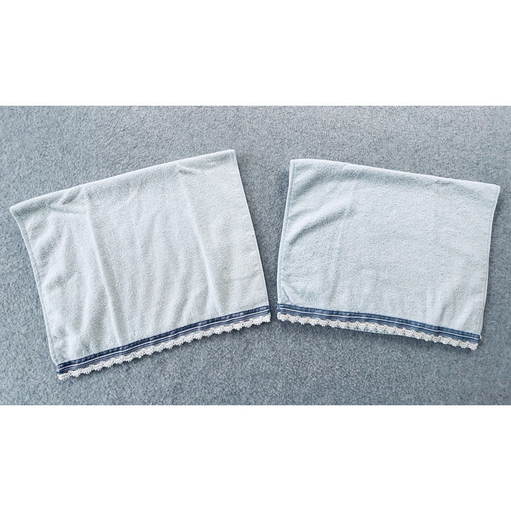 Pair Of Vintage Dundee Hand Towels - Light Blue With White Lace Trim - Lot Of 2